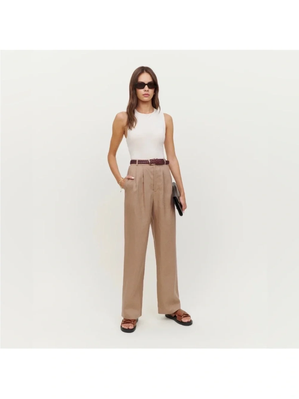 NWT Reformation Vesta Linen Straight-Leg Pants Khaki Brown 4